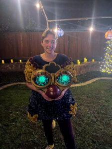 Dawn wears a hand-crafted "furby" costume